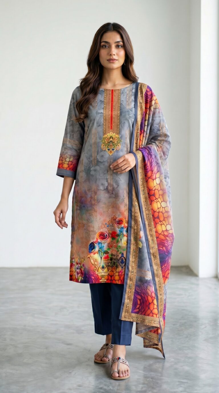 Unstitched grey floral lawn suit with digital printed kameez, vibrant dupatta, and navy trousers