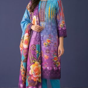 Vibrant Blue & Purple Unstitched 3 Piece Lawn Suit – Digital Printed Floral Dress - Image 1